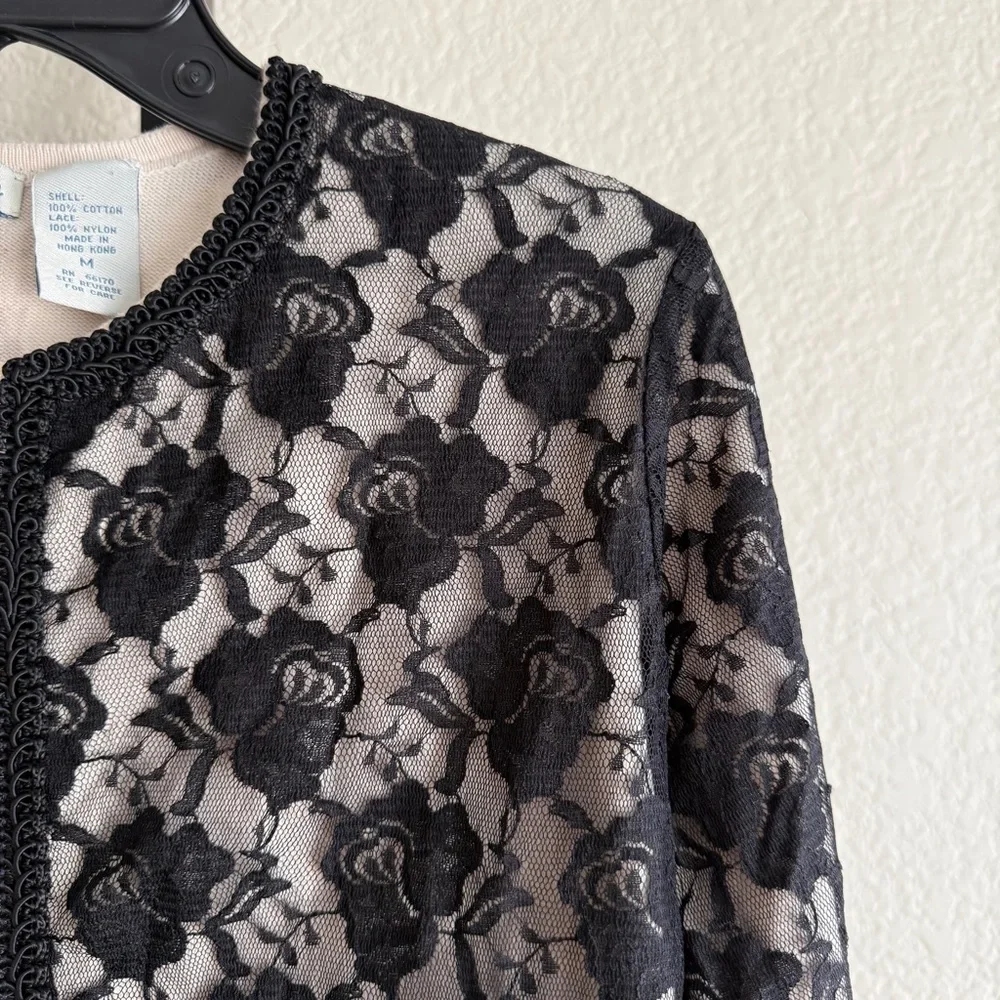 Black Floral Lace Sheer Cardigan Medium Long Sleeve Lightweight Romantic Top - Picture 5 of 9